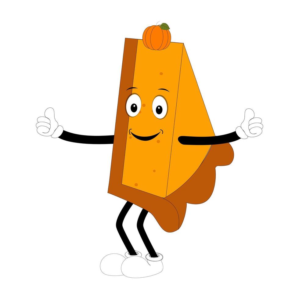 Cute mascot pumpkin pie, Halloween Pumpkin Pie Characters. Cartoon Sweets Walking and Smiling. Autumn Holiday Mascot Template. Illustration Cool kawaii happy doodle Isolated, thumb up vector