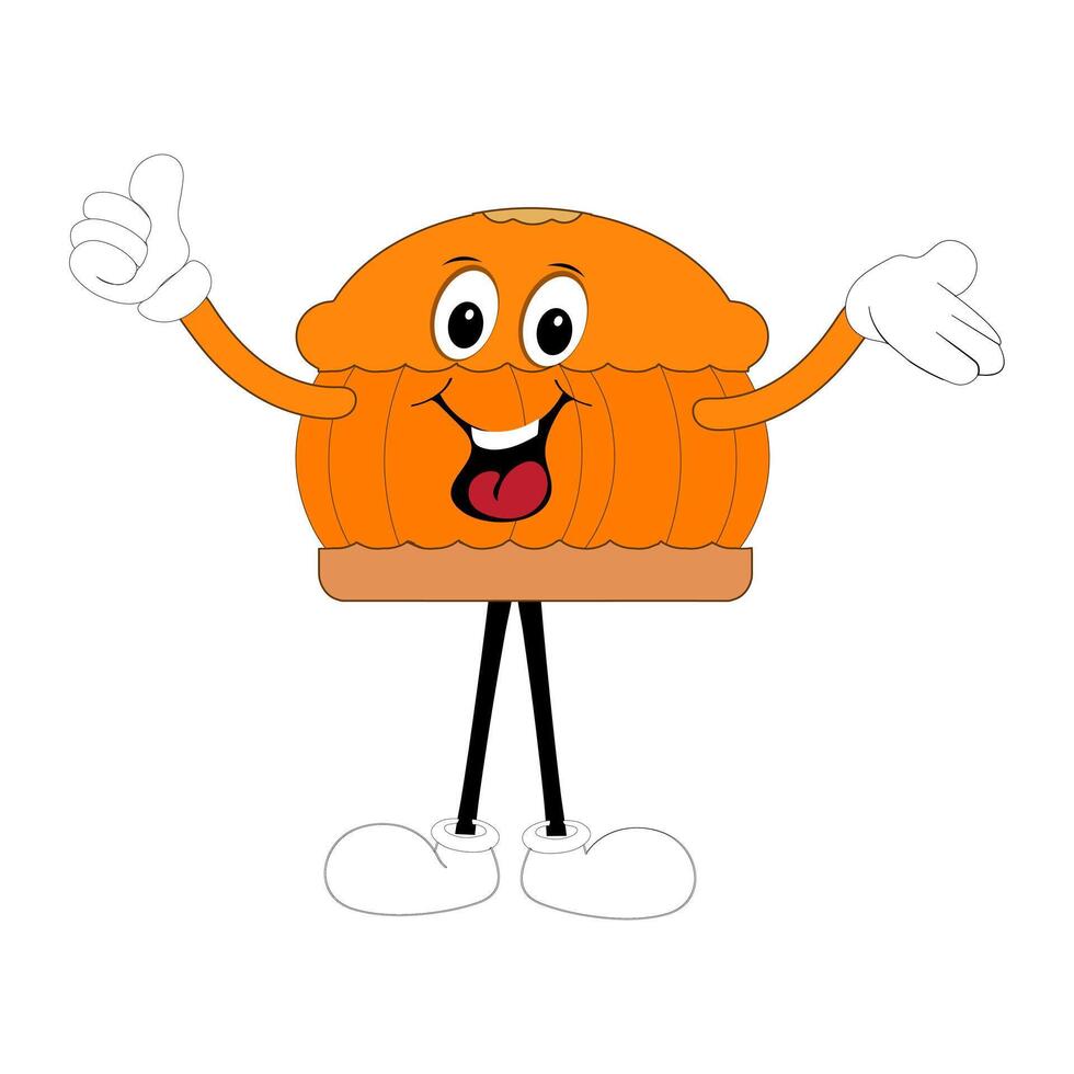 Cute mascot pumpkin pie, Halloween Pumpkin Pie Characters. Cartoon Sweets Walking and Smiling. Autumn Holiday Mascot Template. Illustration Cool kawaii happy doodle Isolated happy face vector