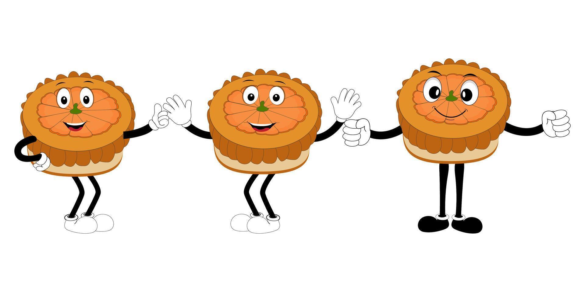 Pumpkin pie mascot set collection, cake cartoon mascot with different expressions. food illustration vector
