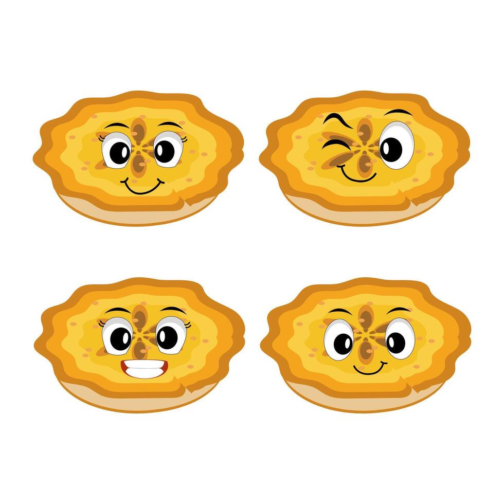 happy funny character pumpkin pie set collection, cake cartoon mascot with different expressions. food illustration vector