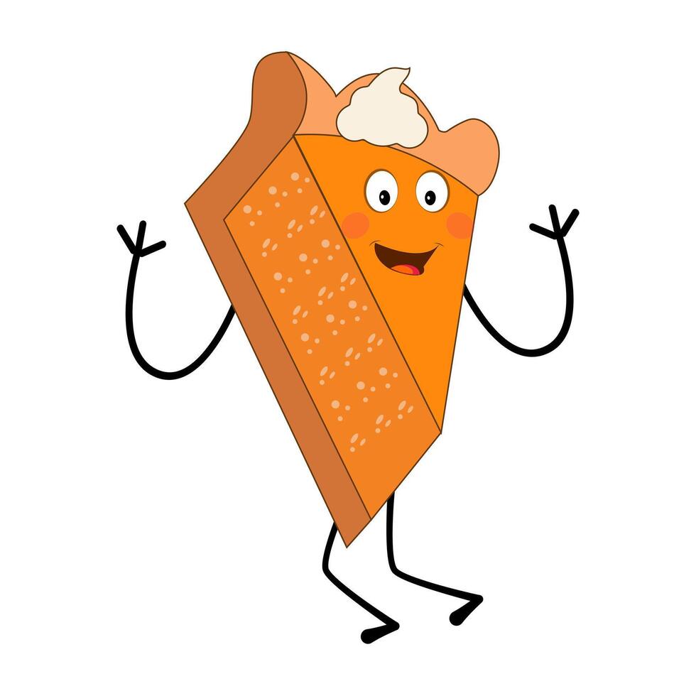 Cute illustration of smiling pumpkinpie character with jumping legs, slice pumpkin pie with cream topping waving happily. Various expressions, suitable for Halloween themed designs. vector