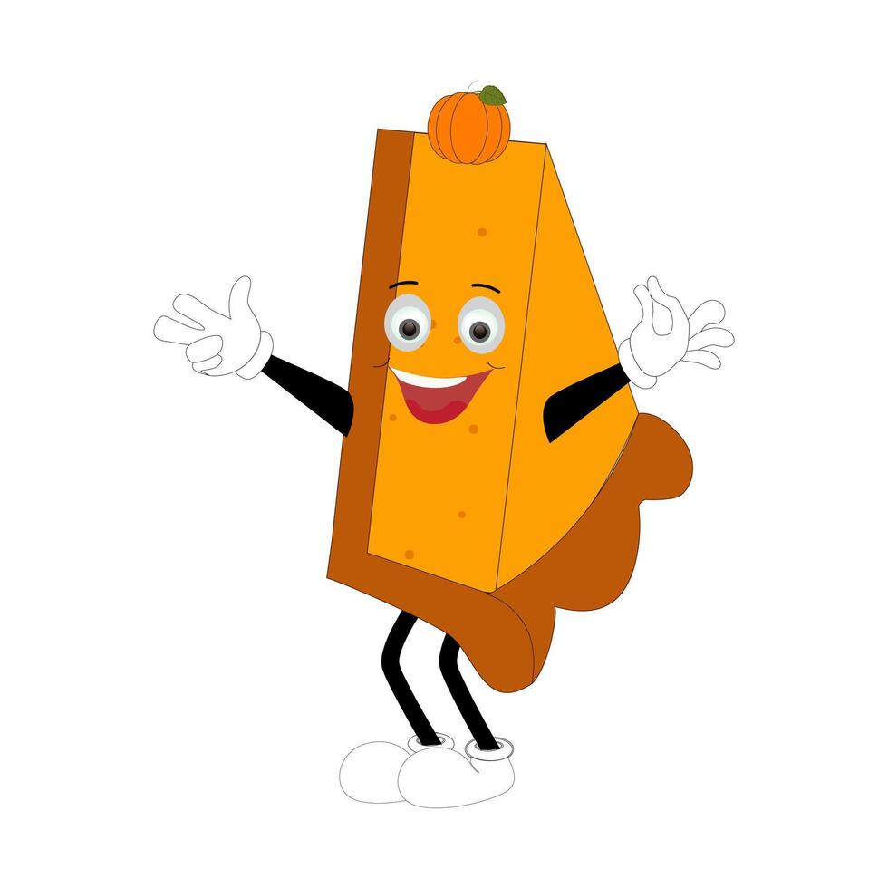 Cute mascot pumpkin pie, Halloween Pumpkin Pie Characters. Cartoon Sweets Walking and Smiling. Autumn Holiday Mascot Template. Illustration Cool kawaii happy doodle Isolated vector