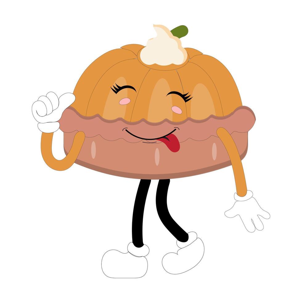 Illustration of round pie character with cream topping tongue sticking out and hand giving thumbs up happily. A variety of expressions, suitable for Halloween themed designs. vector