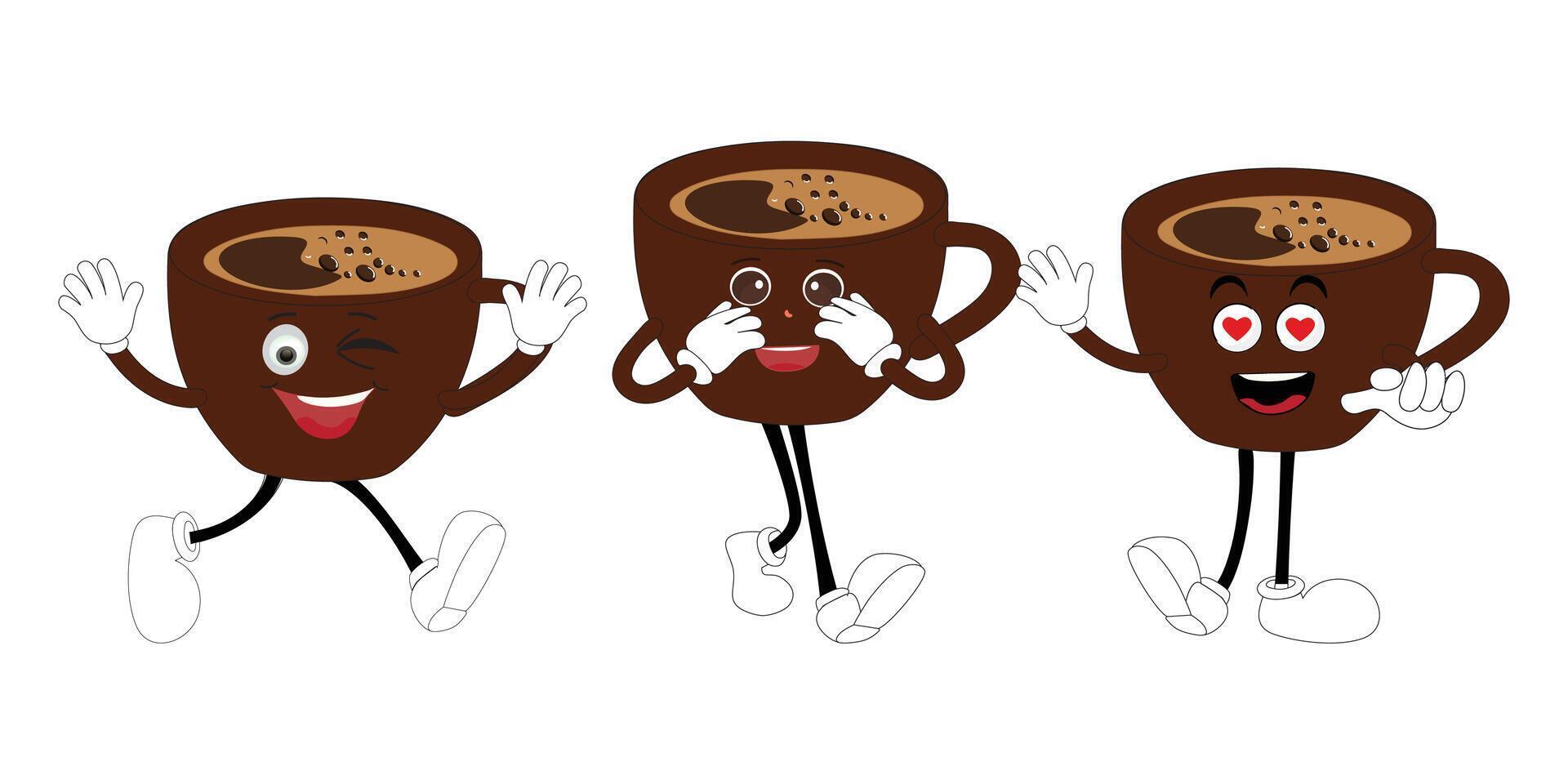 Coffee cup mascot character set, funny coffee cups with different facial expressions and poses. Funny colorful characters in doodle style, happy macot vector