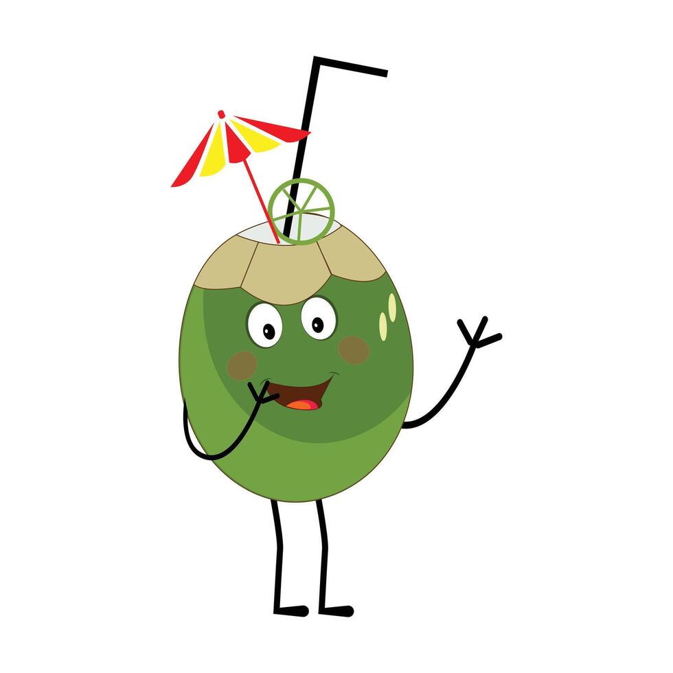 Cute coconut mascot cartoon posing, Illustration Happy Coconut Character Summer Design with a straw, a slice of lemon and a small umbrella, greet vector