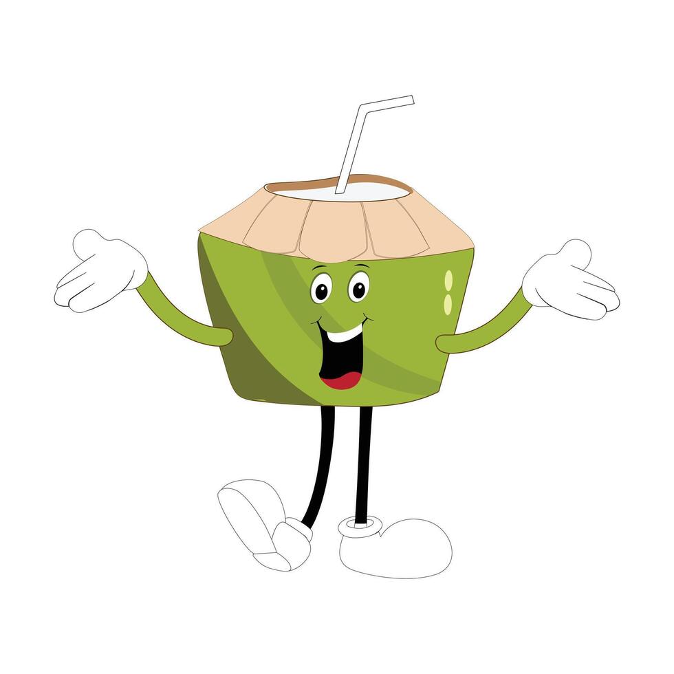 Cute coconut mascot cartoon posing, Illustration Happy Coconut Character Summer Design with a straw, a slice of lemon and a small umbrella, happy waving vector