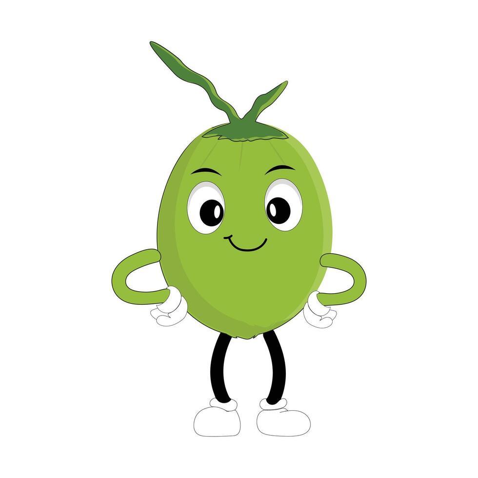 Set of green coconut fruit cartoon character, Mascot poses with smile expression Isolated design Illustration, big eyes vector