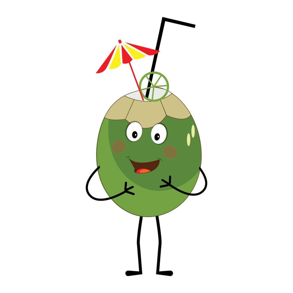 Cute coconut mascot cartoon posing, Illustration Happy Coconut Character Summer Design with a straw, a slice of lemon and a small umbrella, hug vector