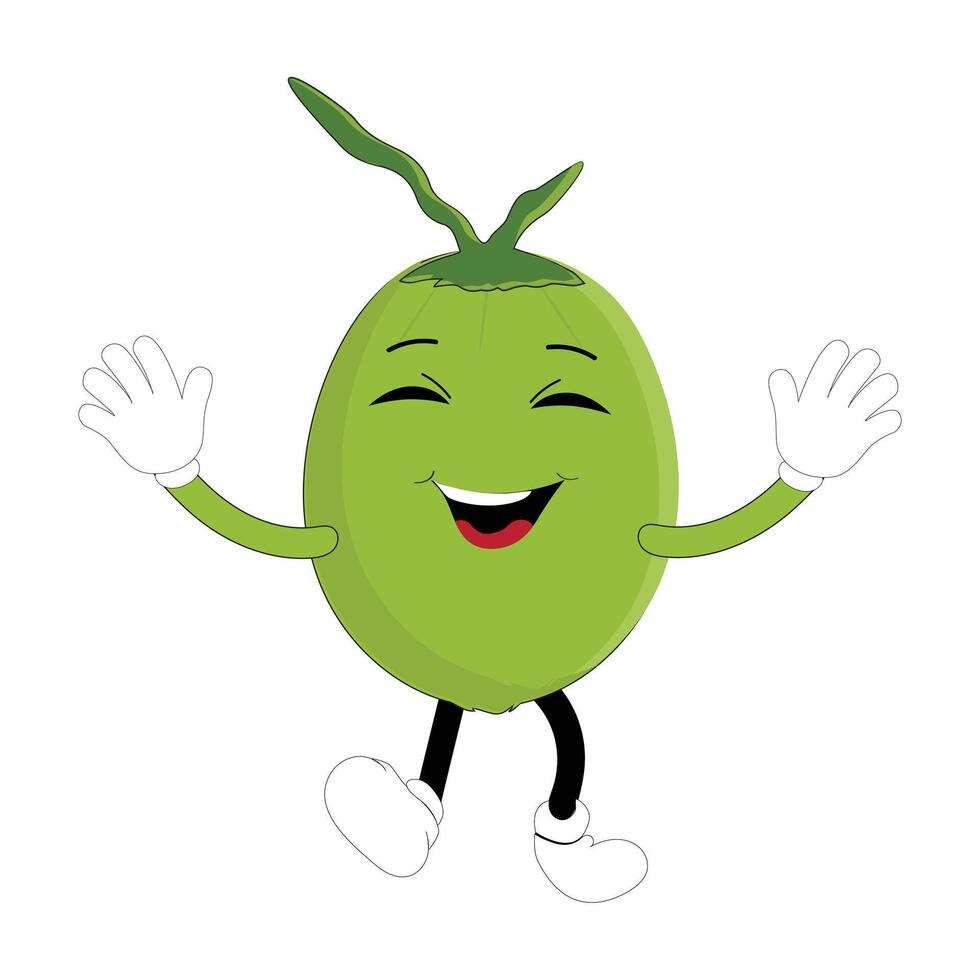 Set of green coconut fruit cartoon character, Mascot poses with smile expression Isolated design Illustration, happy waving vector