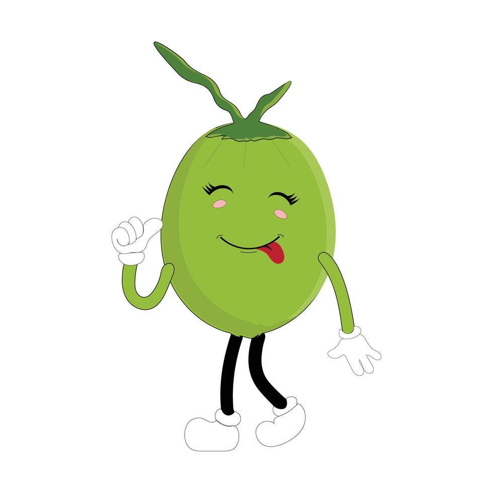 Set of green coconut fruit cartoon character, Mascot poses with smile expression Isolated design Illustration, mocking tongue vector