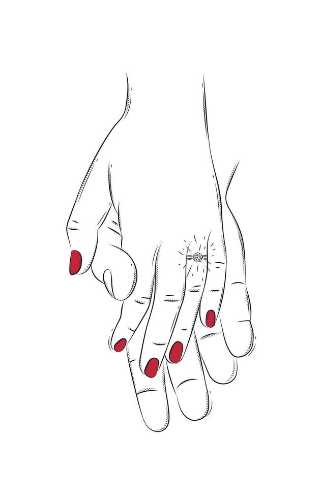 Hands of woman with ring and man holding each other and waiting for the wedding drawing on white background with red vector