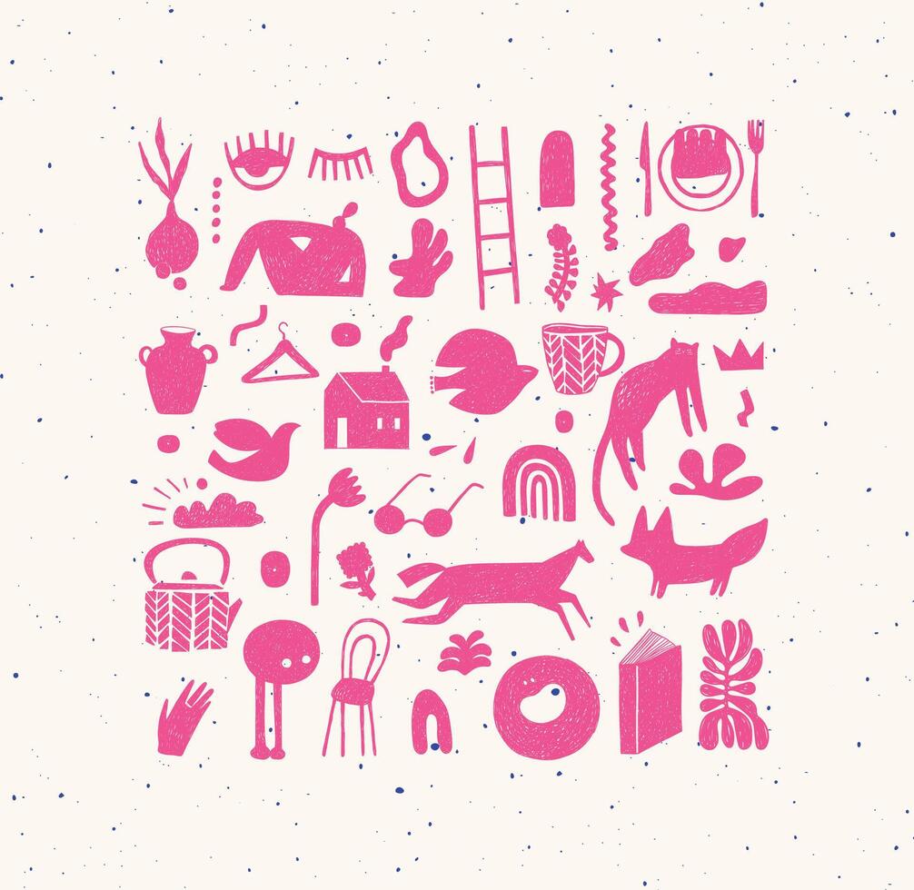 Set of hand drawn design signs drawing in crosshatch style in pink color on beige background vector