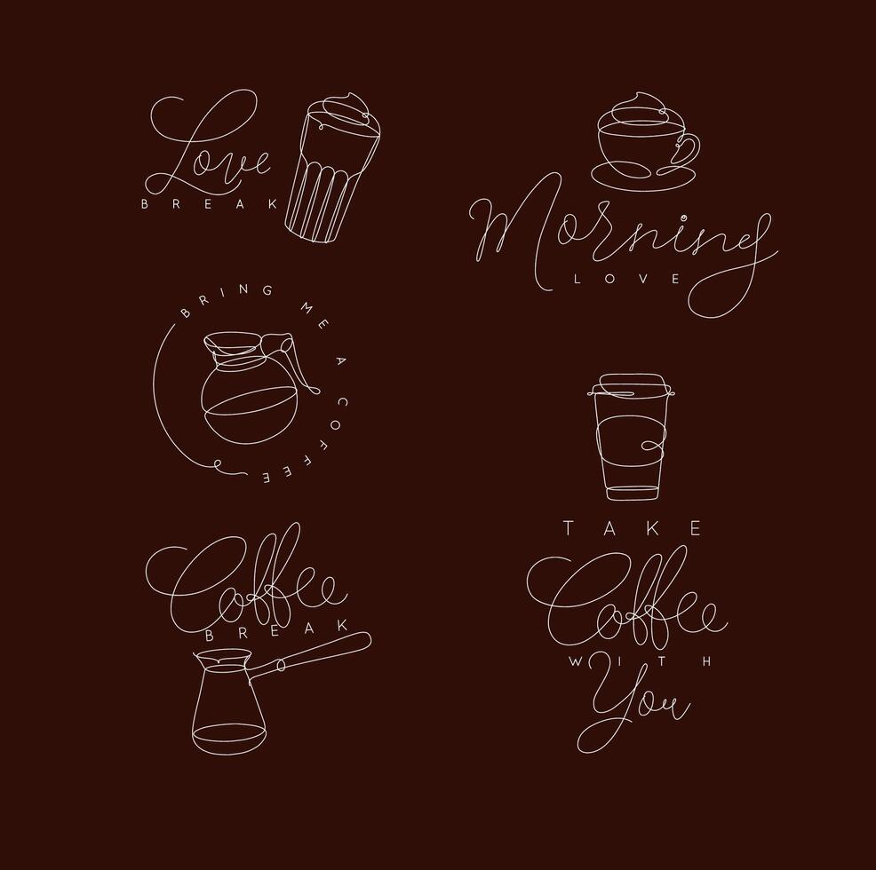 Coffee elements lines with lettering in pen hand drawing style on brown background vector