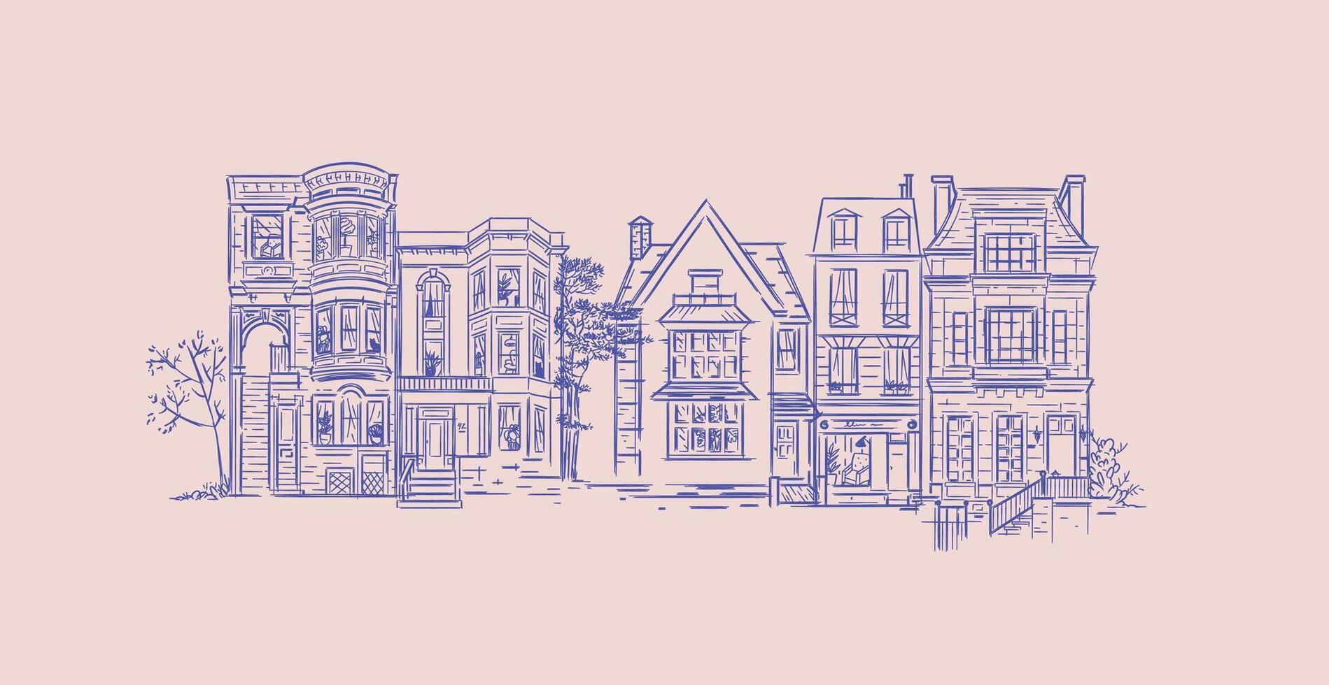 House composition drawing in old fashioned vintage style with blue lines vector