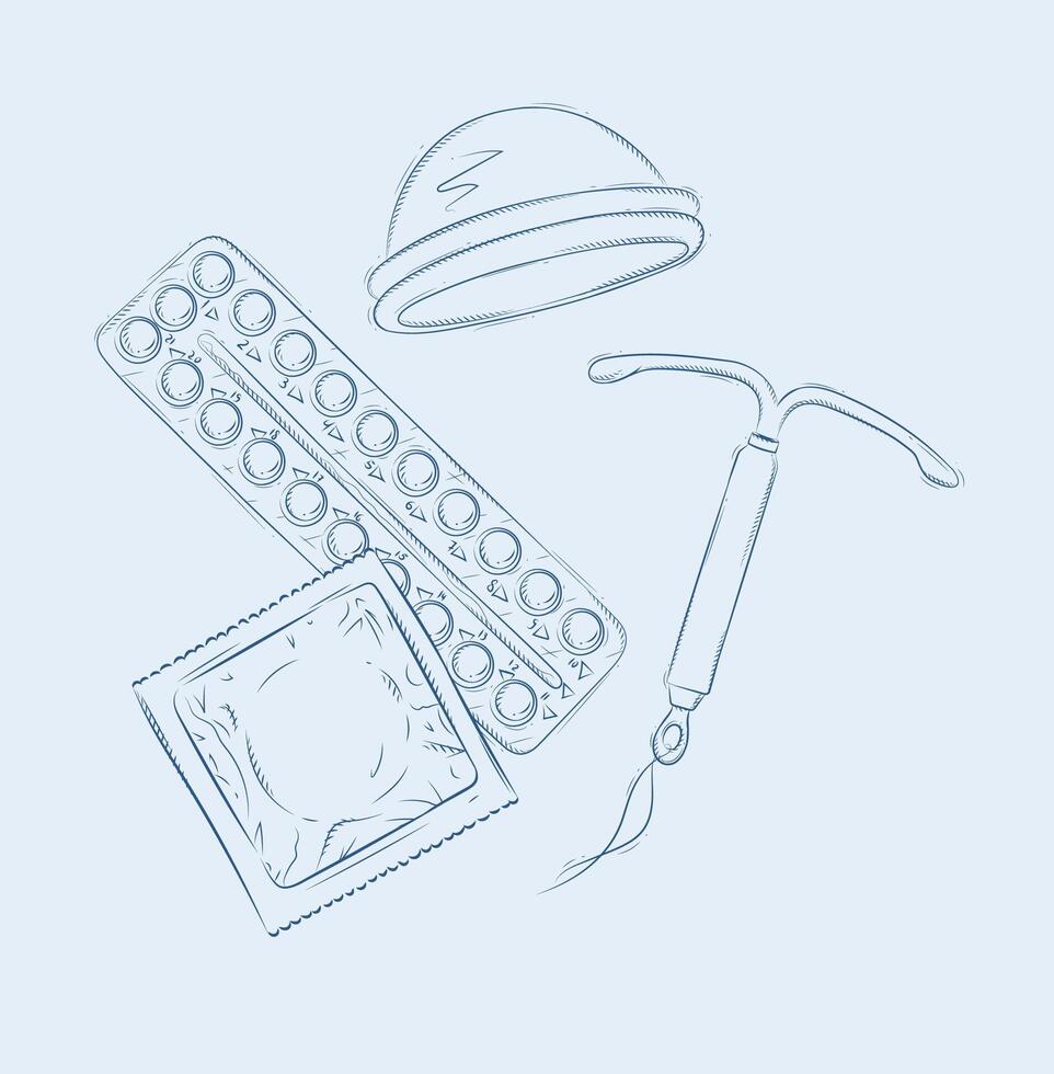 Women diaphragm, intrauterine device for contraception, pack of condom and birth control pills composition drawing on blue background vector
