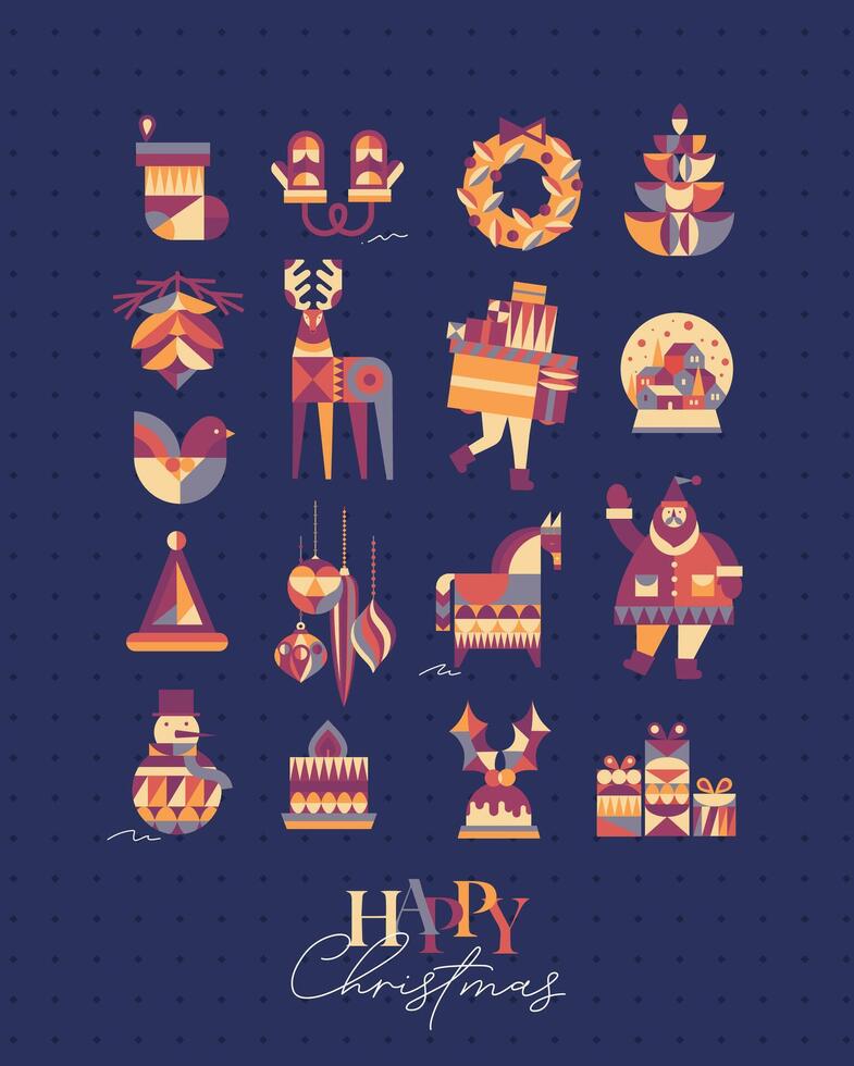 Set of Christmas symbols in cubism style sock, gloves, wreath, tree, cone, deer, gifts, winter snow globe, bird, hat, decorations, horse, Santa, snowman, pie, candle drawing on blue background vector