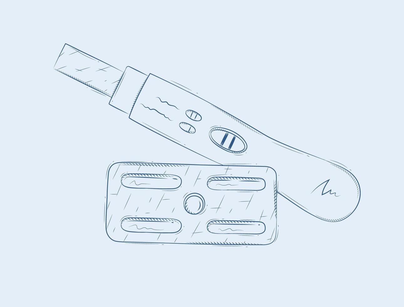 Pregnancy or ovulation test and birth control pill composition drawing on blue background vector