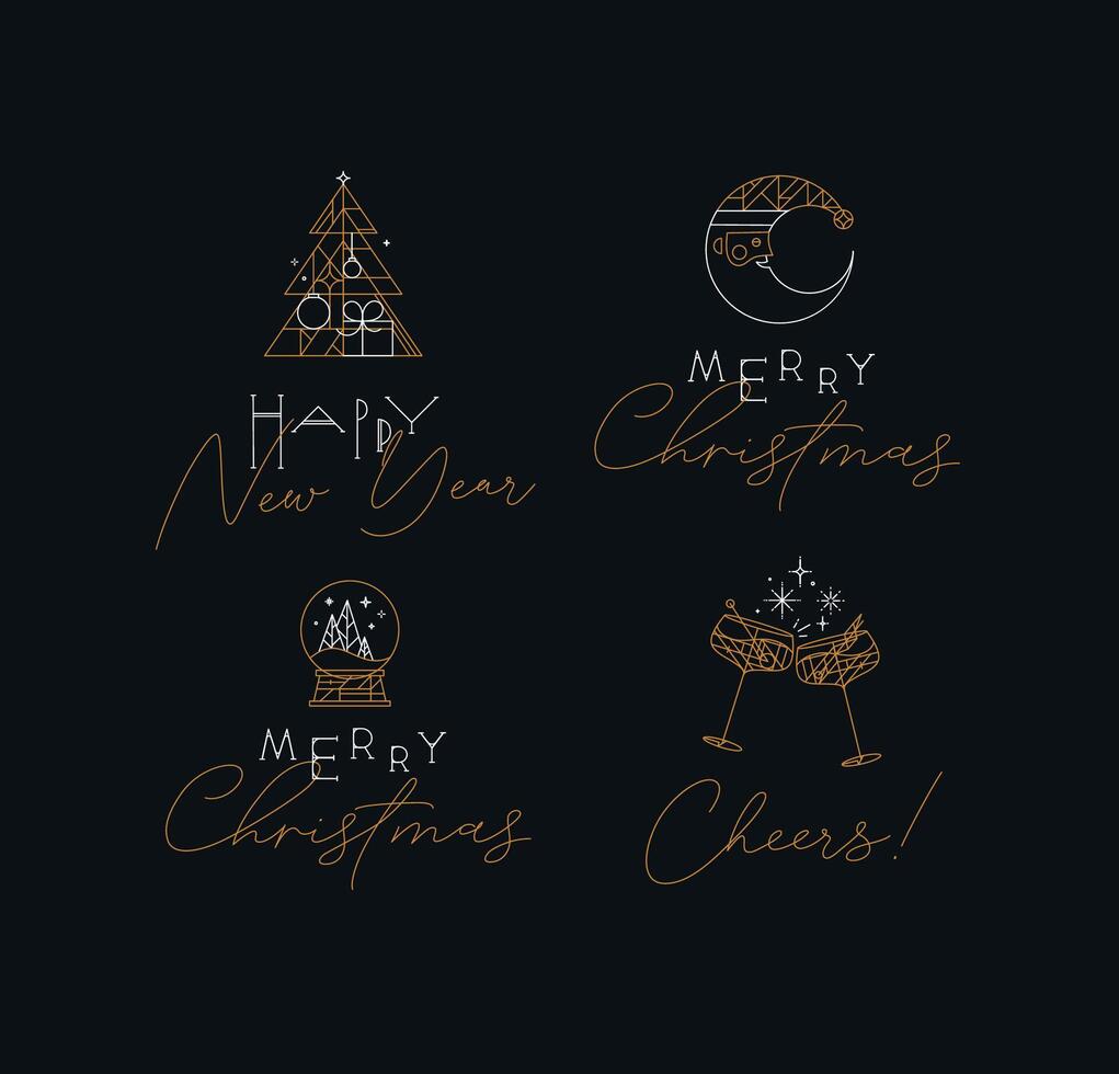 Set of Christmas and Happy New Year art deco labels with lettering drawing in modern vintage line style vector