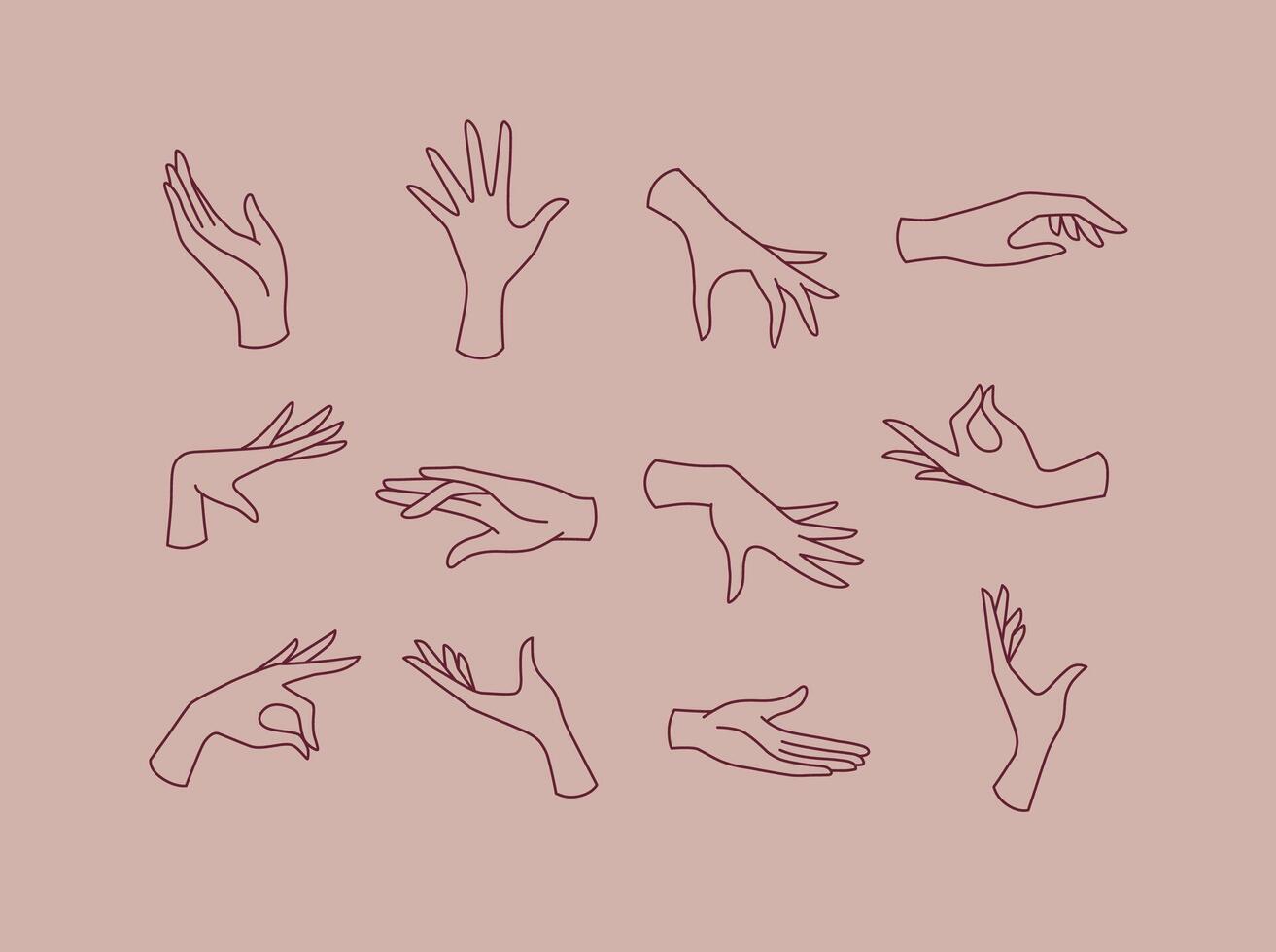 Hands icons drawing in flat style on pink brown background vector