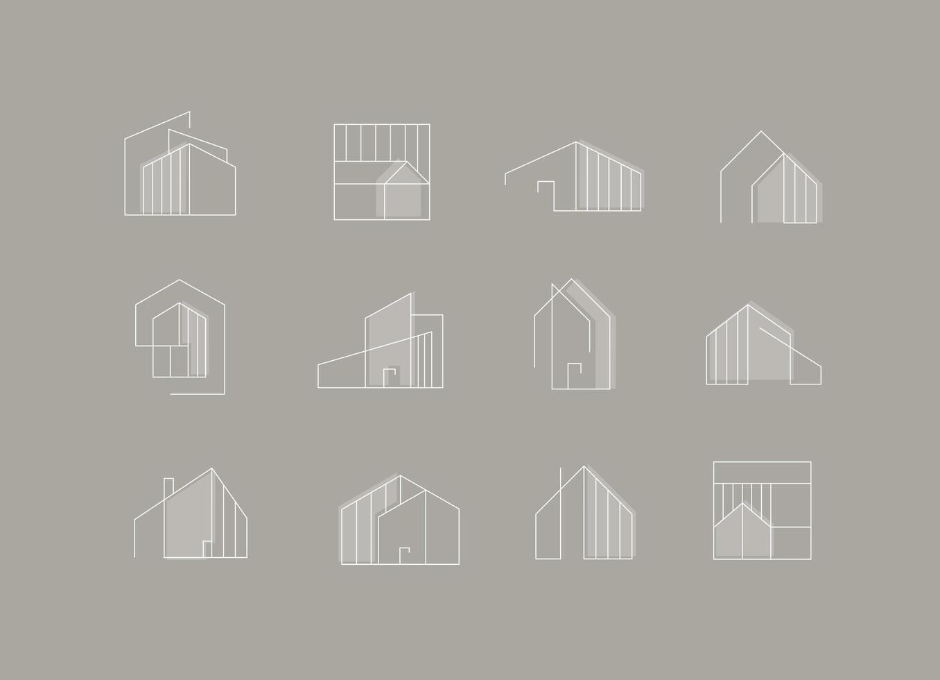 Building and house icons drawing in modern linear style on beige grey background vector
