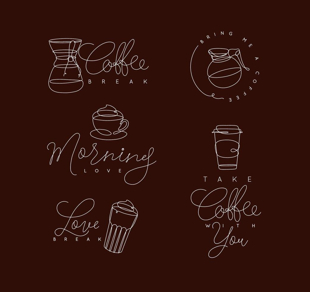 Coffee elements lines with lettering in pen hand drawing style on brown background vector