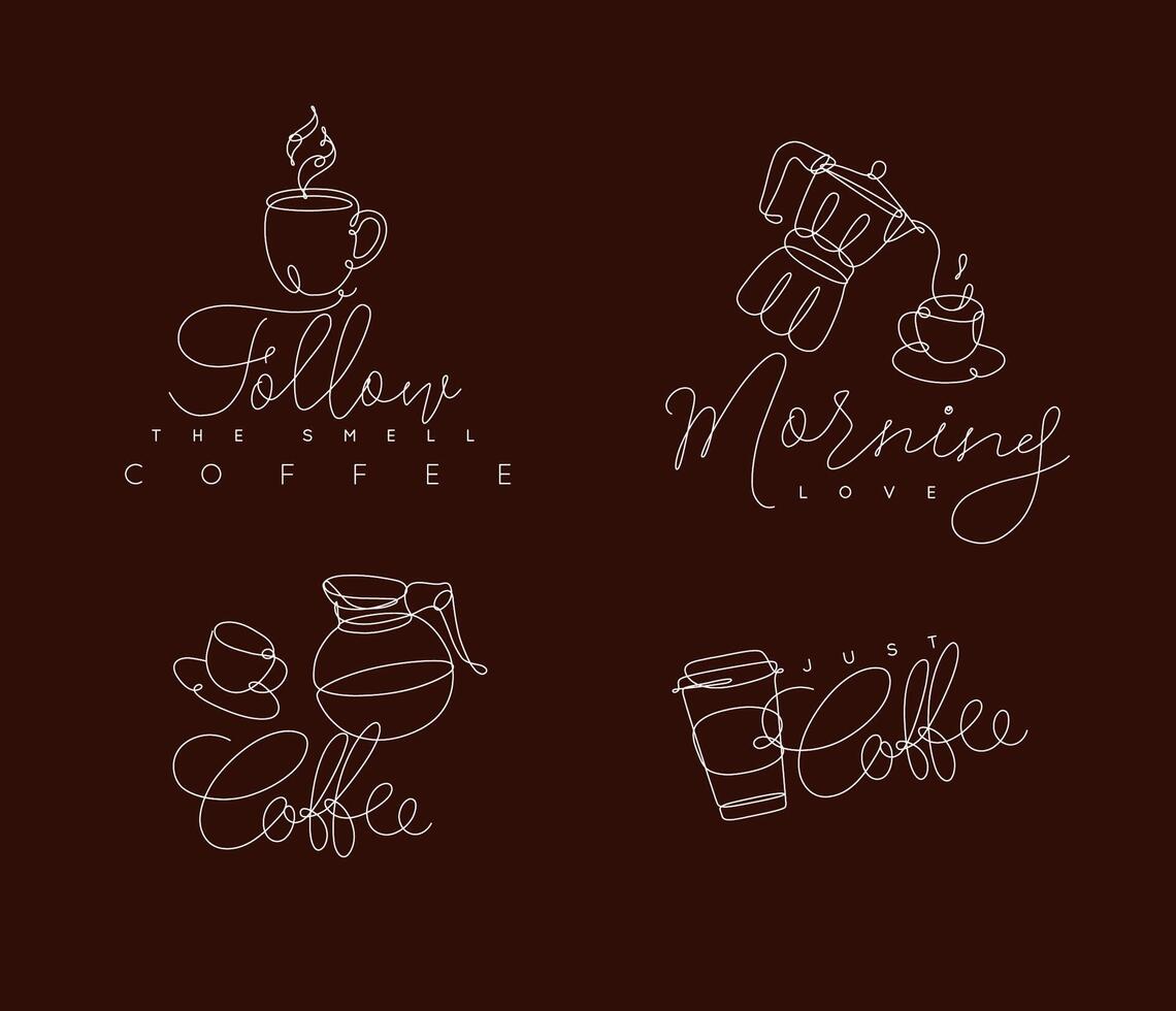Coffee signs lines with lettering in pen hand drawing style on brown background vector