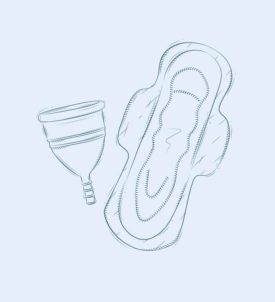 Menstrual cup and women sanitary pad composition drawing on blue background vector