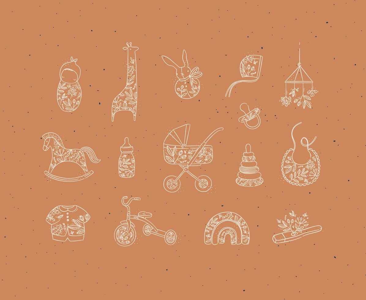 Set of baby stuff child, giraffe, toy, rabbit, doll, hat, horse, bottle, milk, stroller, baby carriage, napkin, clothes, bicycle, thermometer drawing in graphic style on mustard background. vector