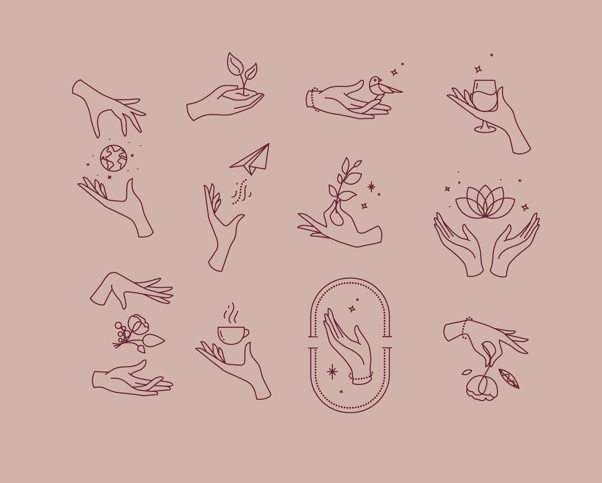Hand symbols silhouettes drawing in flat style on pink brown background vector