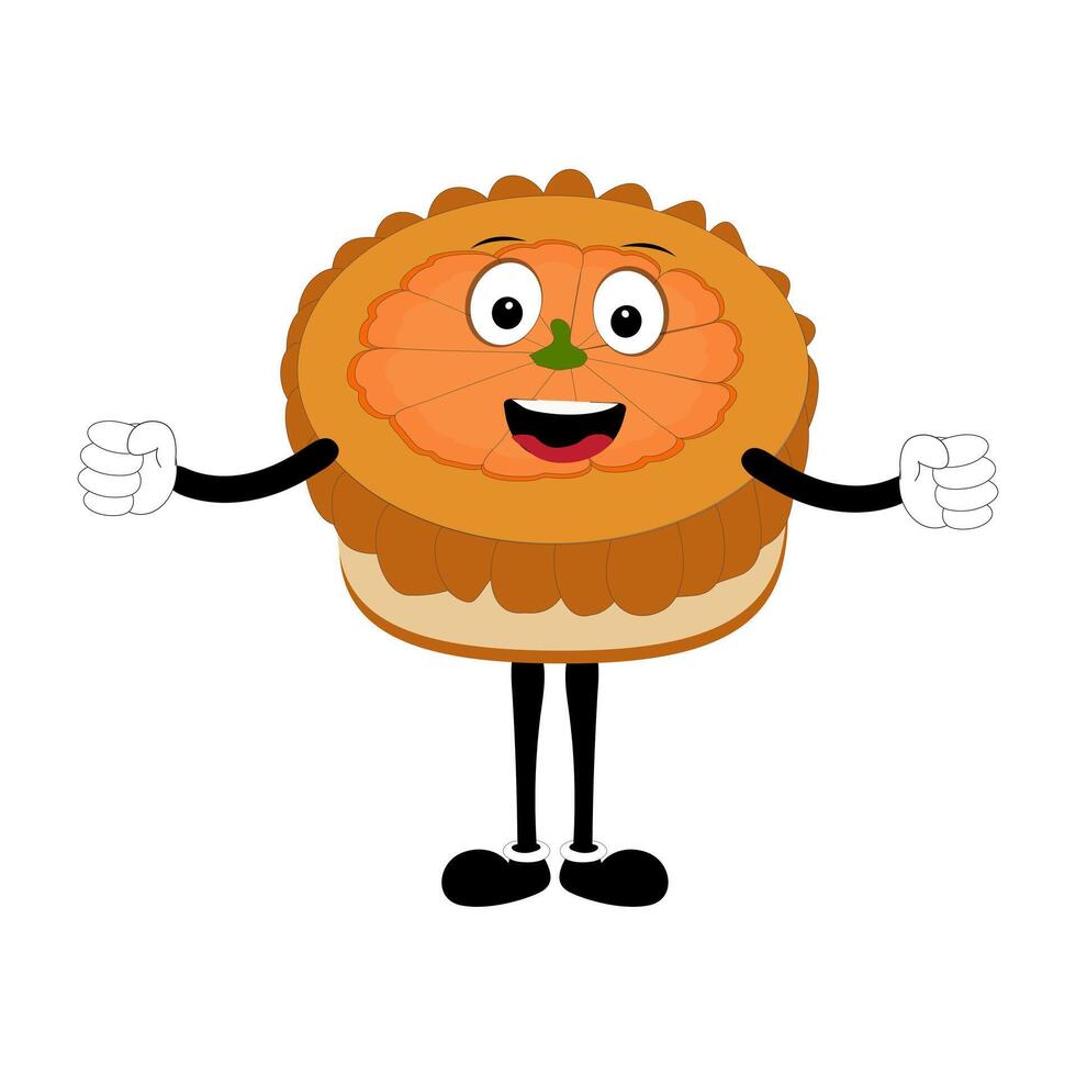 Cute illustration of smiling pumpkinpie character with jumping legs, round pie with cream topping waving happily. Various expressions, suitable for Halloween themed designs. vector