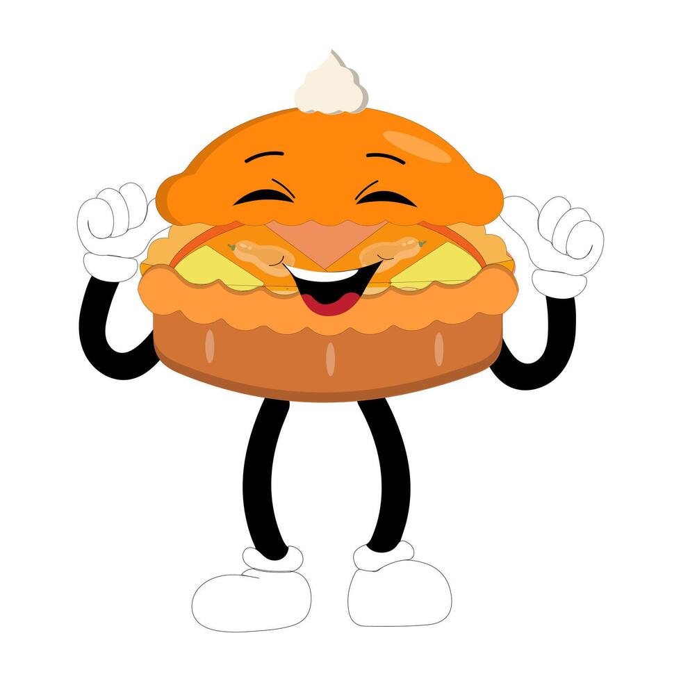 Cute illustration of pumpkin pie character smiling with hand on face, round pumpkin pie with cream topping walking happily. A variety of expressions, suitable for Halloween themed designs. cute mascot vector