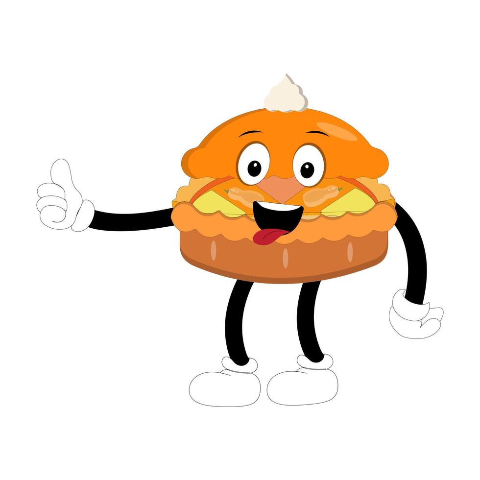 Cute illustration of pumpkin pie character smiling with hand on face, round pumpkin pie with cream topping walking happily. A variety of expressions, suitable for Halloween themed designs. mascot vector