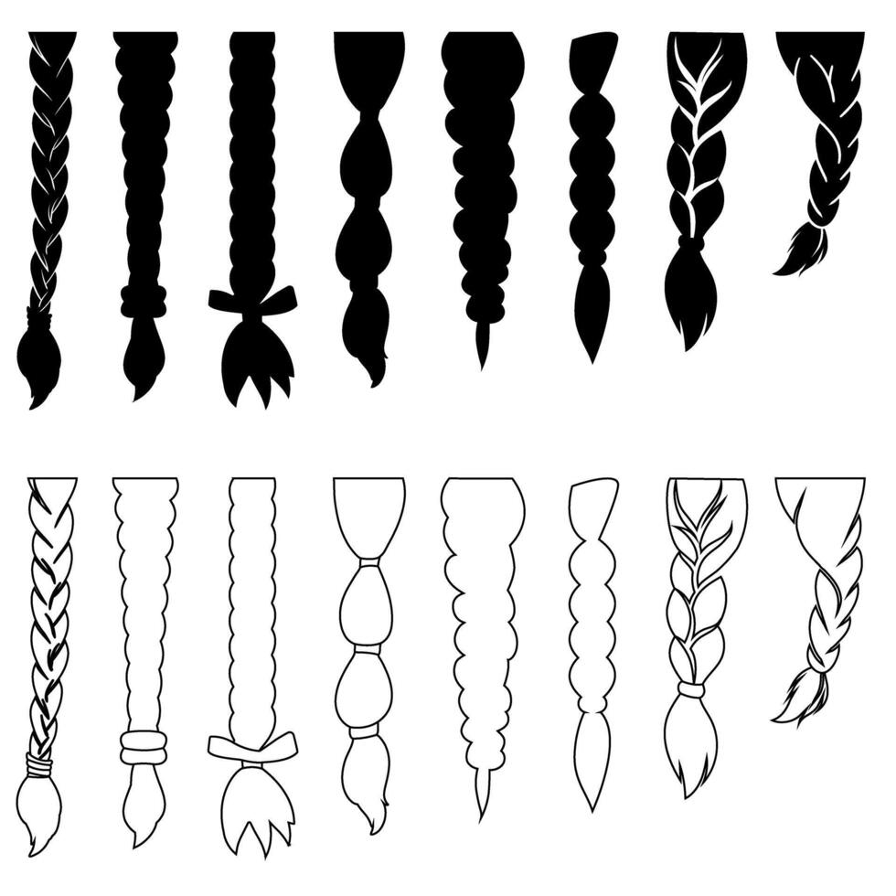 Hair braided icon set. Women's braid illustration sign collection. Hair symbol or logo. vector