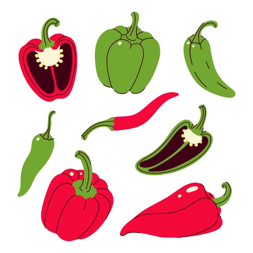 Set of red and green peppers isolate on white background. graphics. vector