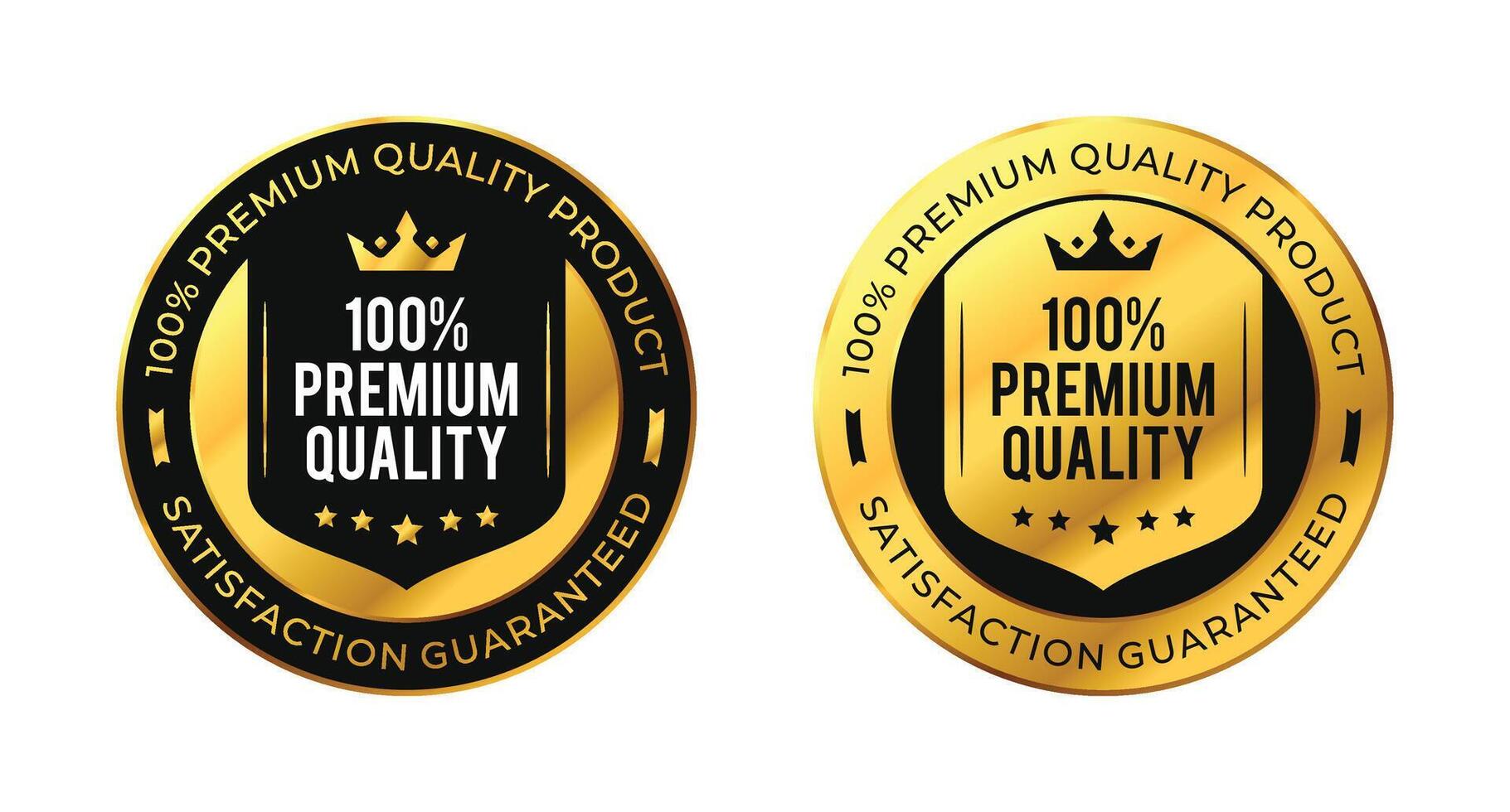 100 percent premium quality satisfaction guaranteed. circle black and gold isolated on white with stars and crown. For icon, logo, label, seal, tag, sign, seal, symbol, badge, stamp, sticker vector