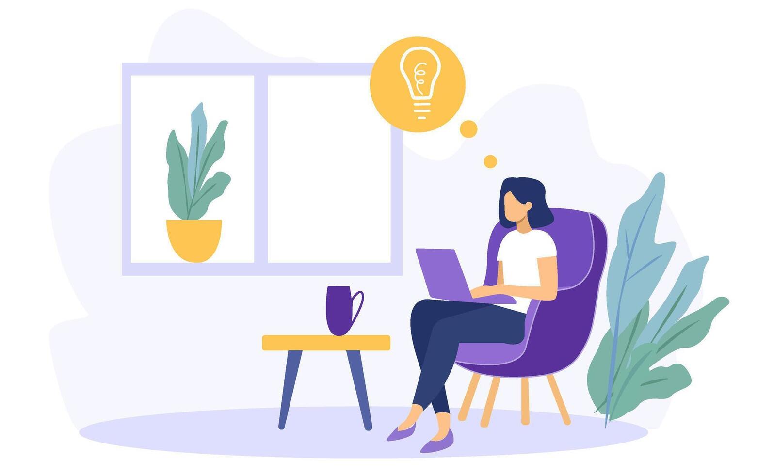 Woman sitting on a chair using a laptop, thinking with a light bulb idea above her head. Modern flat design style with a minimalistic home background. Concept of creativity and remote work vector