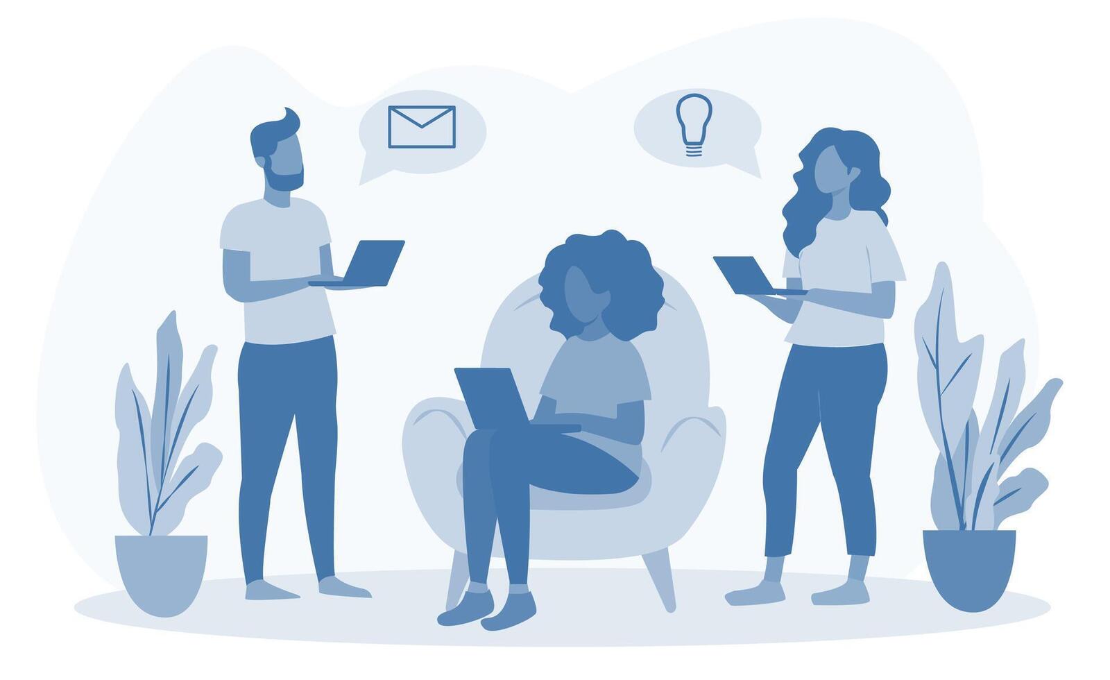Illustration showing a team of three people with laptops, discussing ideas and email communication, with plant decor in an office setting. Concept of teamwork and collaboration. illustration vector