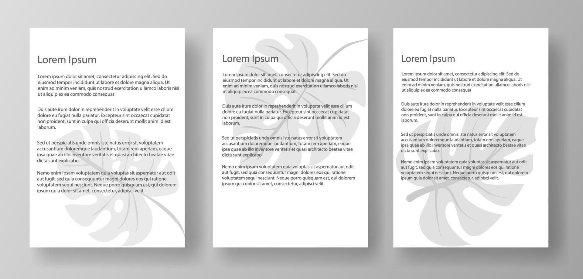 Three A4 letter mockup templates featuring lorem ipsum text and a floral watermark. The documents are displayed on a light gray background. Concept of document layout design. illustration vector