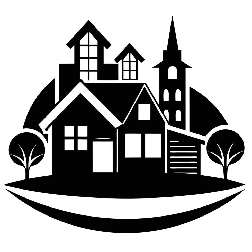 A black and white silhouette of a house and trees vector