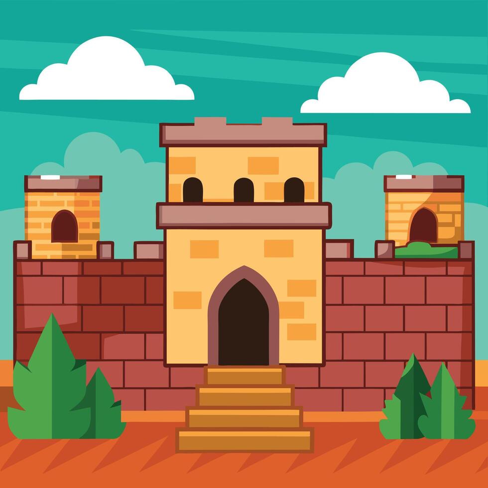 An illustration of a castle with a gate and stairs vector