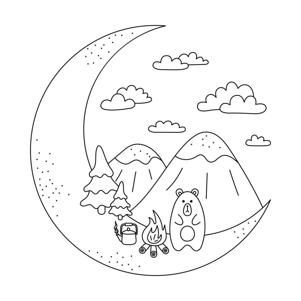 Bear and Mountains on a Crescent Moon. Mountain and moon patch in line art style. For printing on mugs and T-shirts. Black outline on white background. Nature and travel concept. illustration. vector