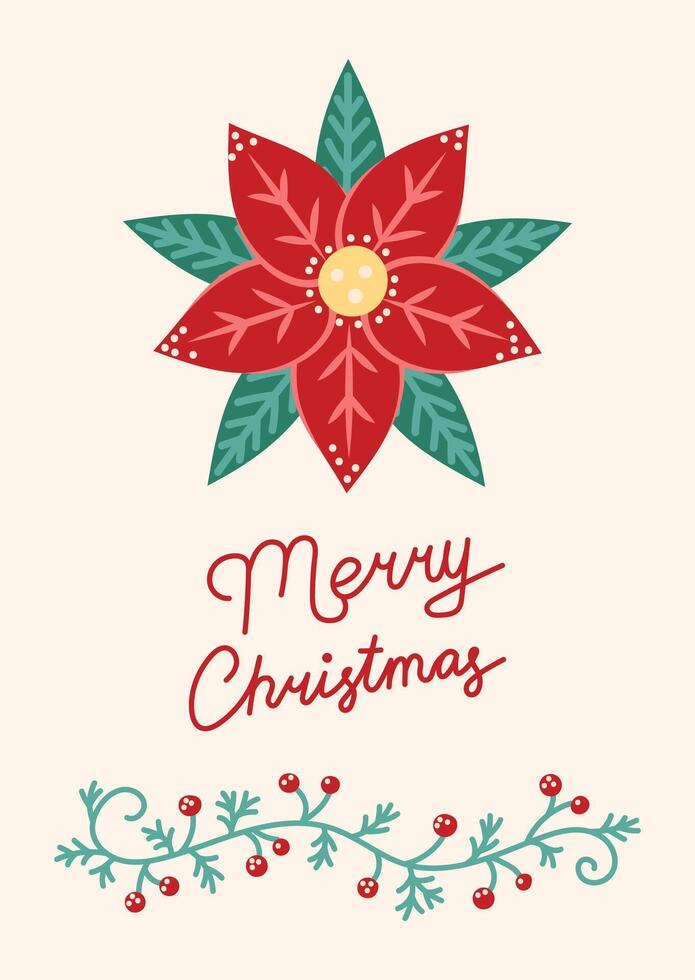 Merry Christmas Card with Poinsettia. Greeting card on light beige background. Christmas and New Year. illustration. vector