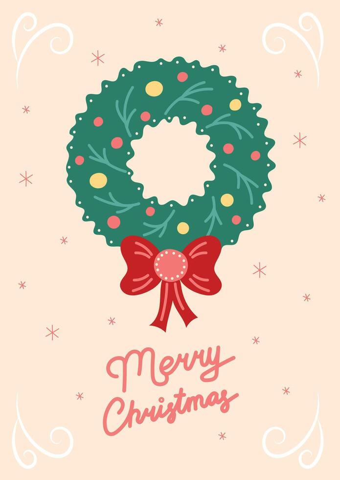 Christmas Card with Green Wreath. Greeting card on light beige background. Christmas and New Year. illustration. vector