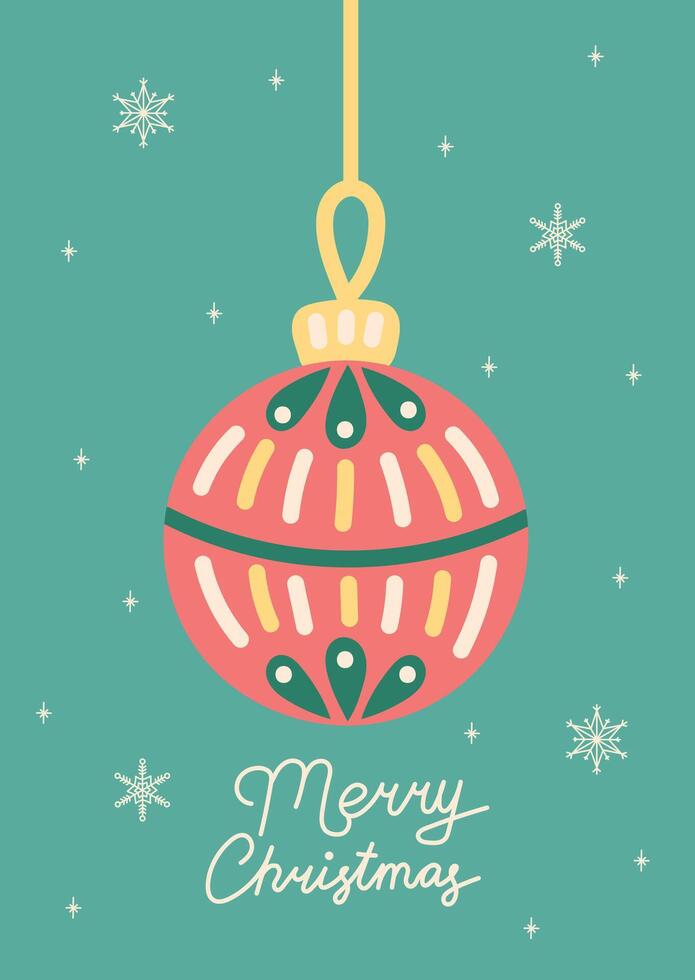 Christmas card with Christmas tree ball. Greeting card on green background. Christmas and New Year. illustration. vector