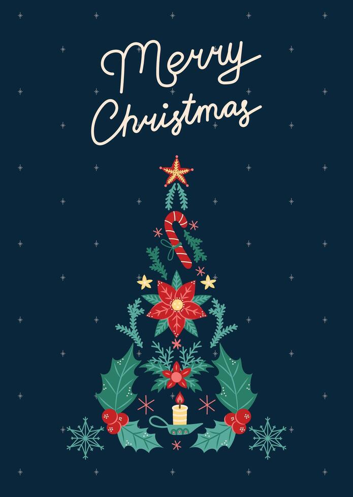 Christmas Card with Christmas Tree. Greeting card on dark background. Christmas and New Year. illustration. vector