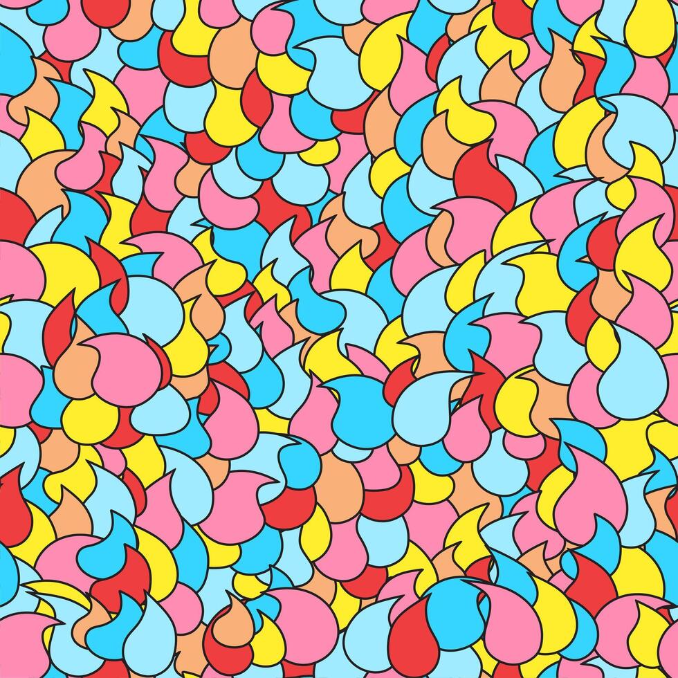 Colorful drops, droplets, tears seamless repeat pattern. Light blue, yellow, pink and red colors. Hand drawn artistic template. vector