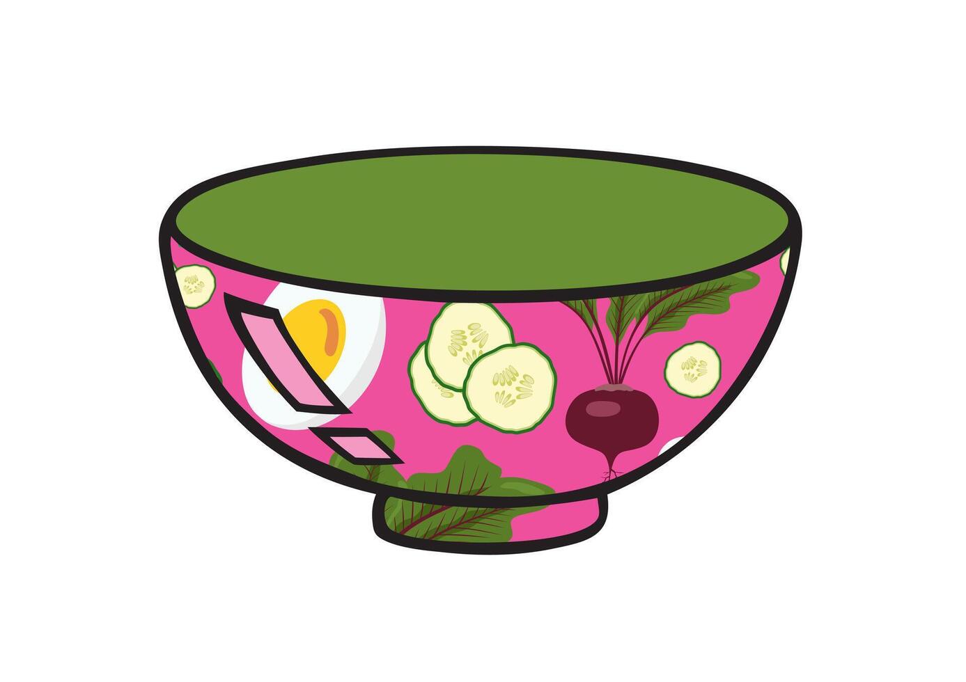 Cold beet soup plate pattern with egg, fresh herbs, cucumber and herbs. Isolated on white background. vector