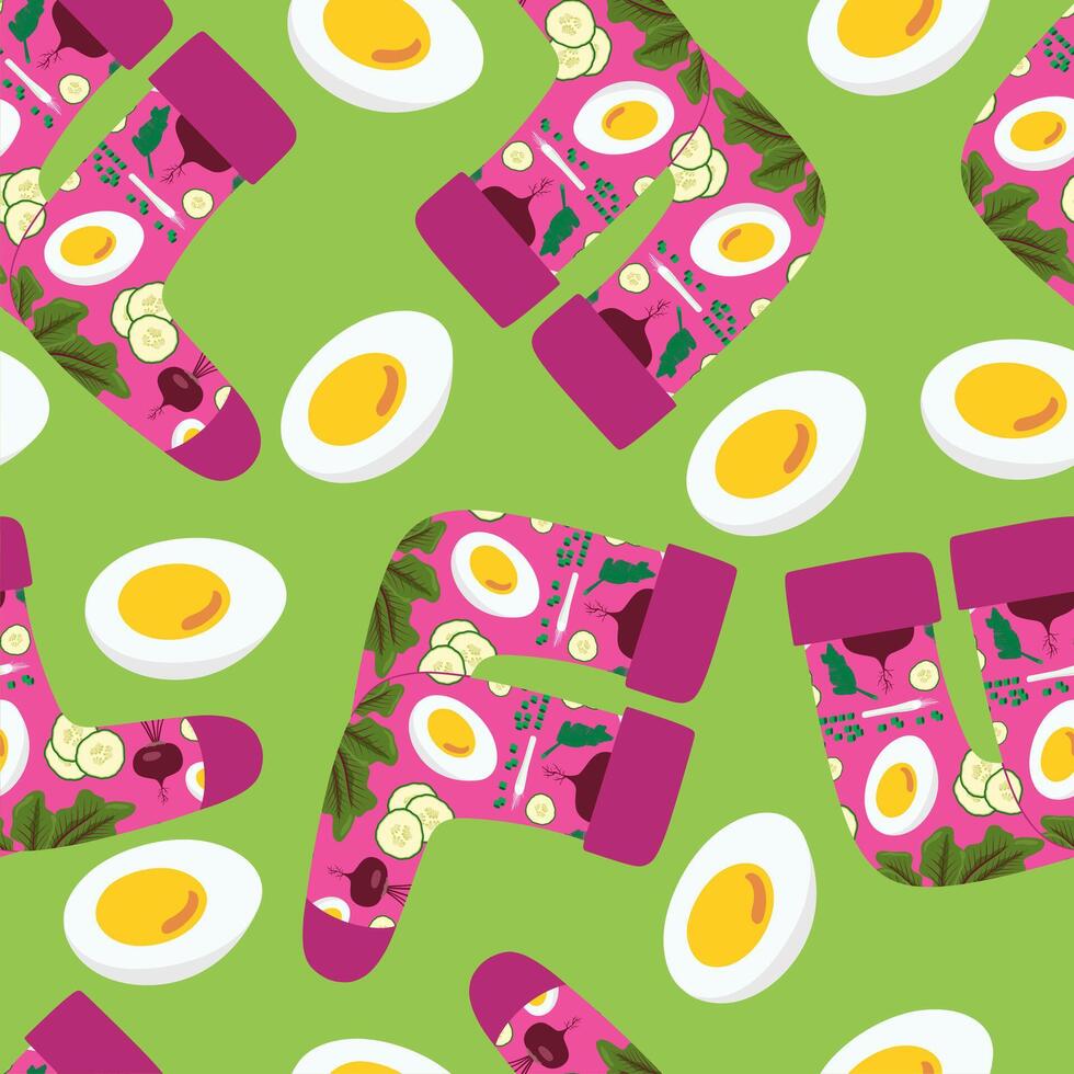 Hand drawn pair of socks. Pink soup pattern. Green background. eggs on background. Lithuanian soup. vector