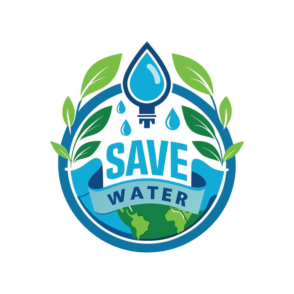 Icon of Globe with Leaves and Water drops with text Save Water Design Trendy Logo Mascot vector