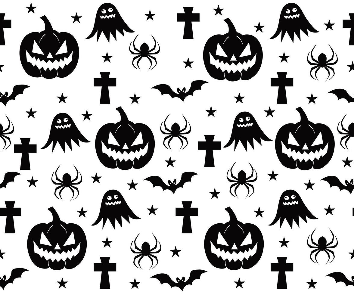 Halloween seamless pattern with spiders, skulls, other holiday symbols. illustration, wrapped paper, background and texture in flat doodle style, isolated. vector